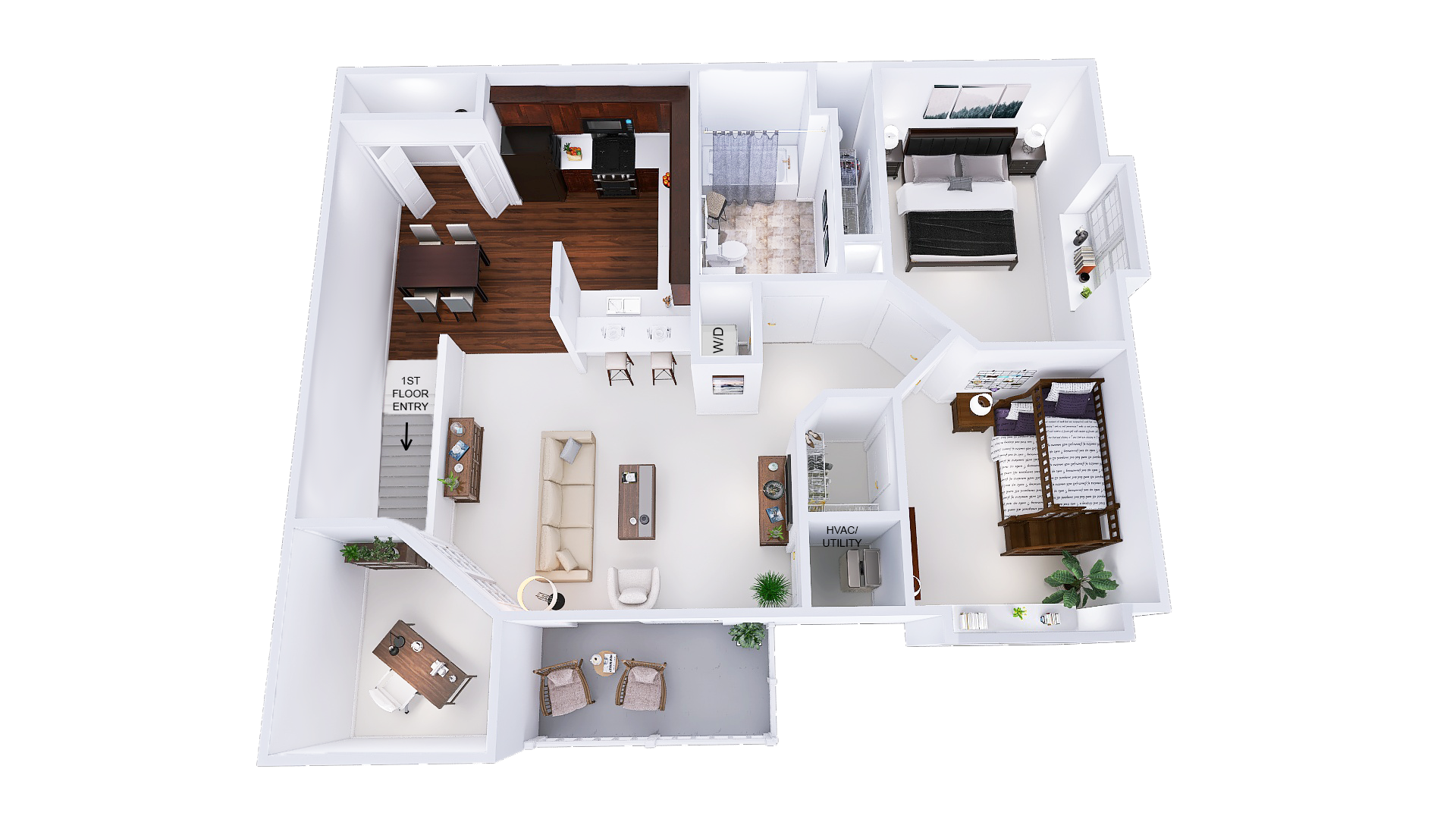Floor plan for 2 beds, 1 bath, 1069 sqft